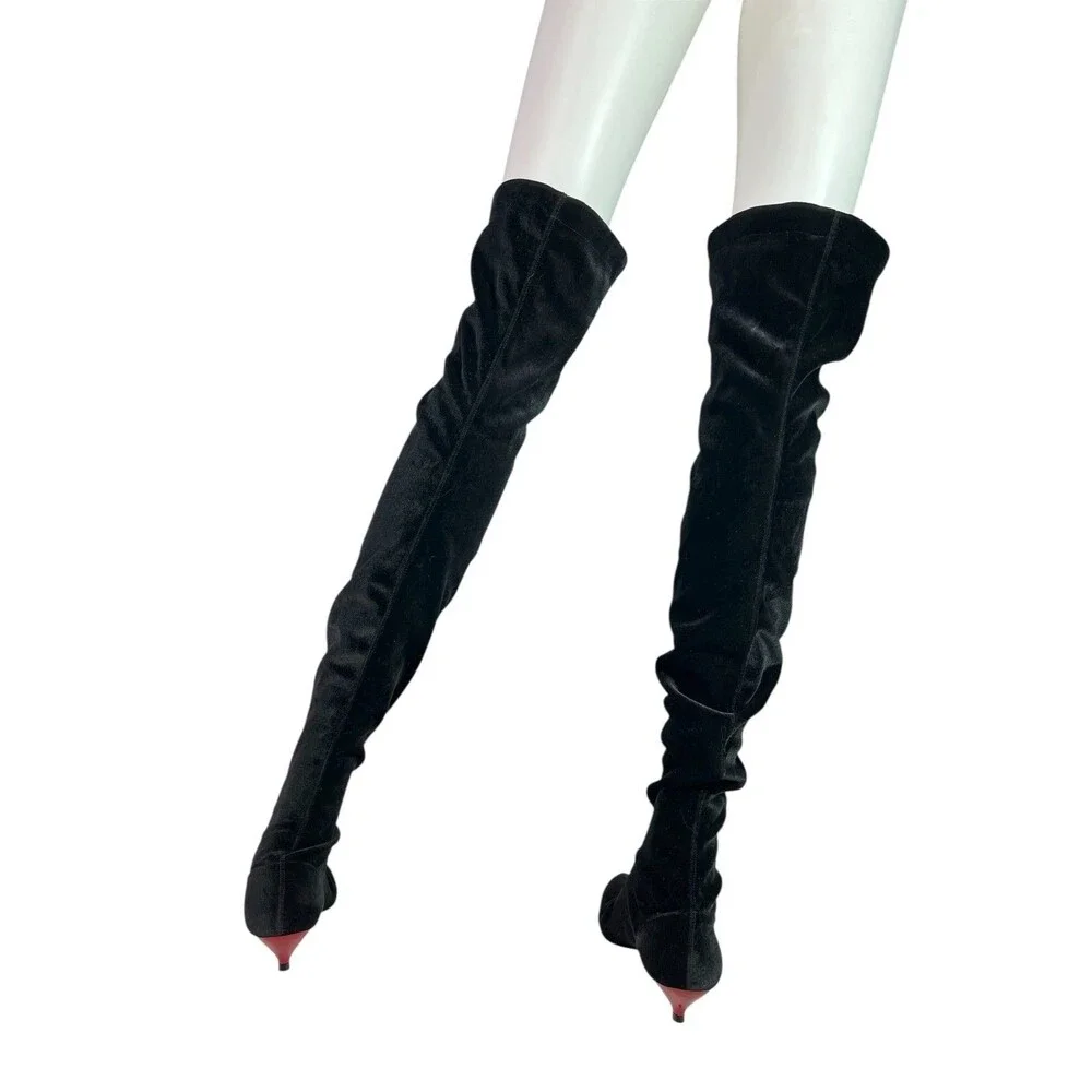Gia Couture Boom Black Velvet Over The Knee OTK Boots Red Kitten Heels EU 38, 8